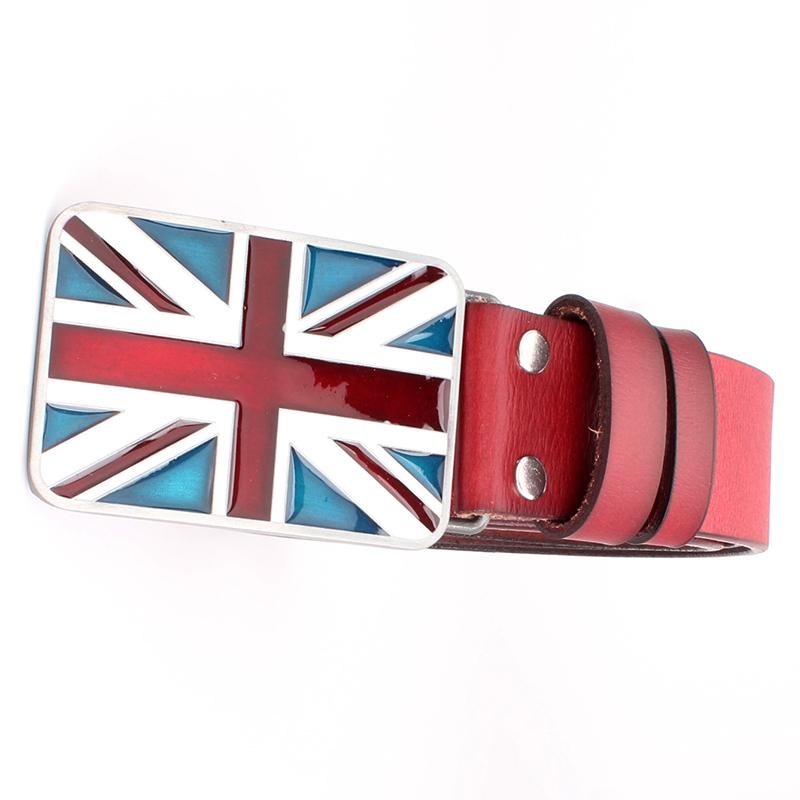 British Flag Pattern Fashion Belts Cowskin Genuine Leather Metal Buckle Union Jack Jeans Waistband Trousers