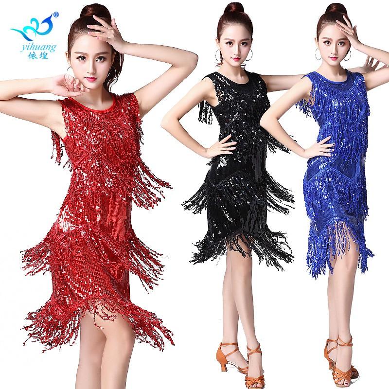 Vestido de Baile con Flecos de Lentejuelas Traje de Actuación en Escenario Latino Eventos de Fiesta