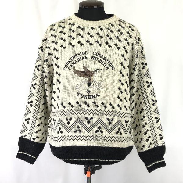 

Vintage TUNDRA CANADA Embroidered Bird Design Thick Sweater Men M L Japan White Black cBH557(USED)