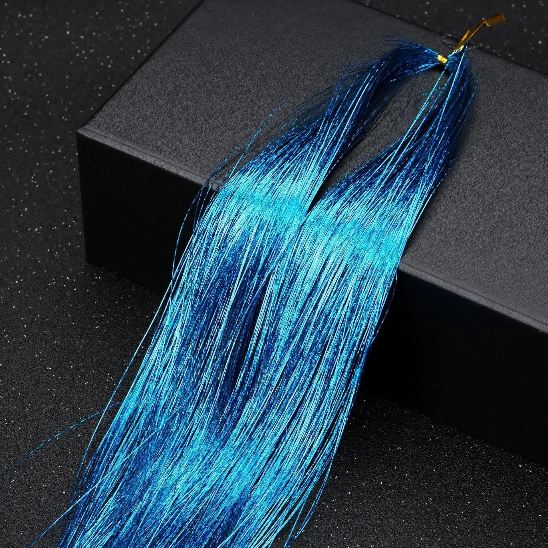 

120cm 700Pcs Sparkle Synthetic Hair Extensions Tinsel Rainbow Colored Strands Girls Headwear Hairbinger Hair Laser False Decor озеро синього кольору