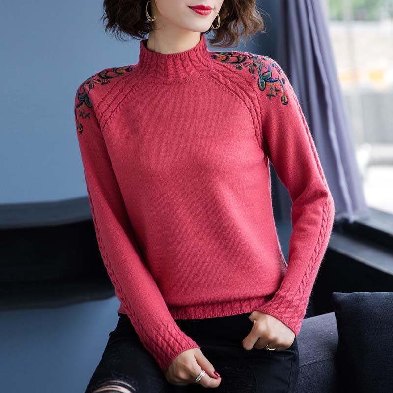 Women's Half High Neck Sweater Autumn and Winter Loose Embroidered Pullover Knitted Sweater