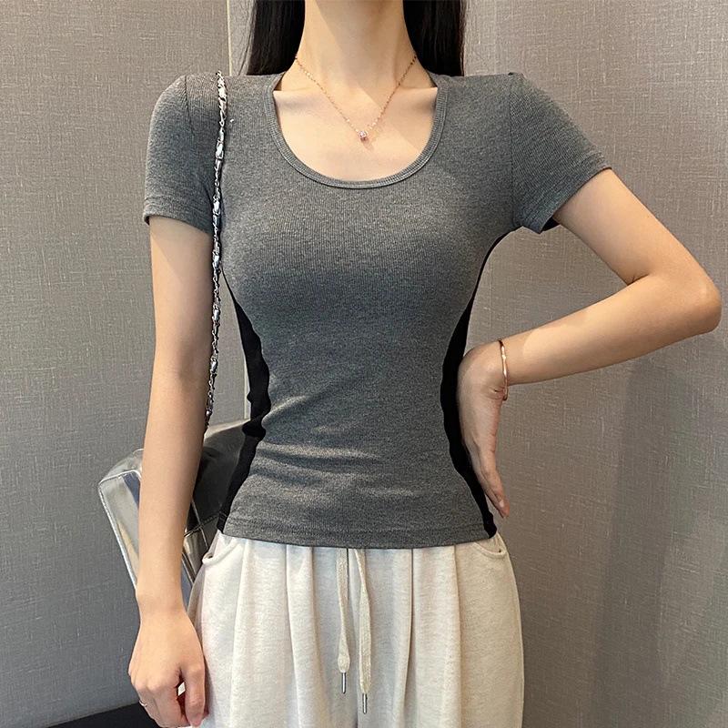 

Women s 2025 Summer Retro Color Block U-Neck Slimming Short Sleeve T-Shirt M