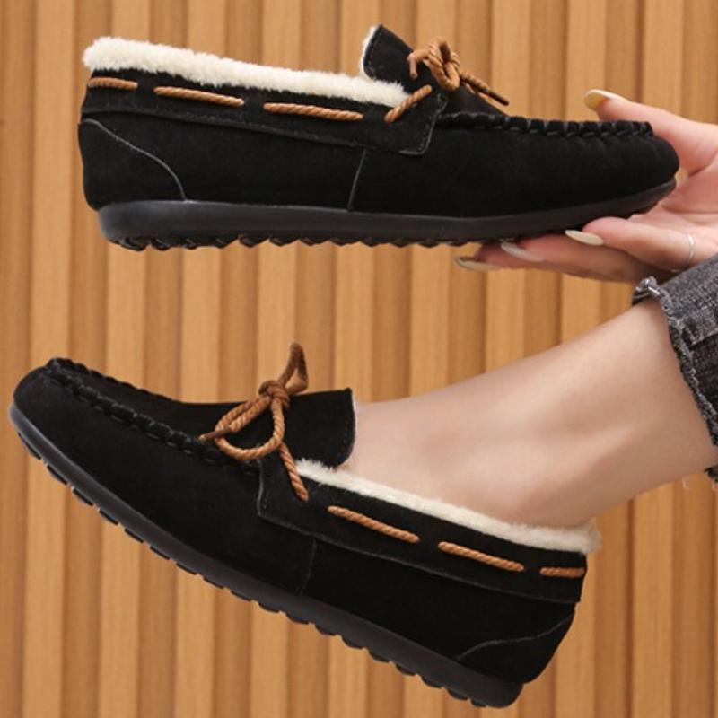 Women Winter Casual Shoes  Moccasins Soft Flat Non-slip Loafers  Comfort Warm Plush Bow Slip on Female Cotton Shoes 35