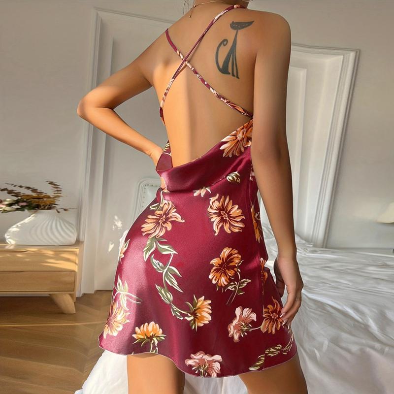 Women's Flora Print Silk Slip Dress Backless Sleeveless Dress