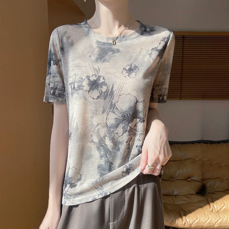 Women's New Summer Tie-dye Ink Painting Short-sleeved Casual Versatile Thin Positive Shoulder Round Neck T-shirt
