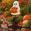Outdoor Ghost Decorations for Yard Halloween Candy Holder Garden Stake, Cute Glowing with Pumpkin Bowl, Resin Statue Sign Front Porch, Lawn, Pathway,