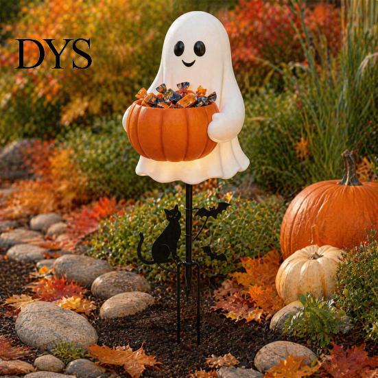 Outdoor Ghost Decorations for Yard Halloween Candy Holder Garden Stake, Cute Glowing with Pumpkin Bowl, Resin Statue Sign Front Porch, Lawn, Pathway,