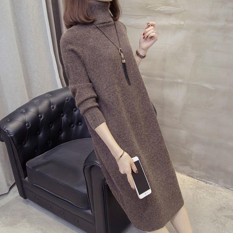 

Средней длины с высоким воротником, женское осенне-зимнее новое модное вязаное платье с юбкой-свитером One Size кофейный