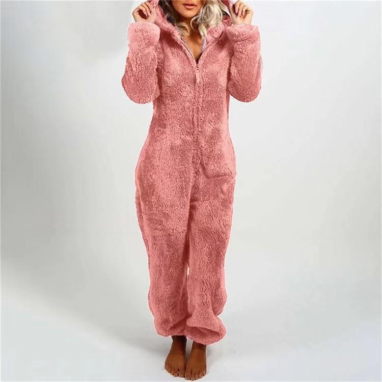Dames Pluche Romper Herfst Winter Flanellen Pyjama Lange Mouw Rits Hoge Hals Muts Warmhouden Meisjeskleding Nachtkleding Loungewear