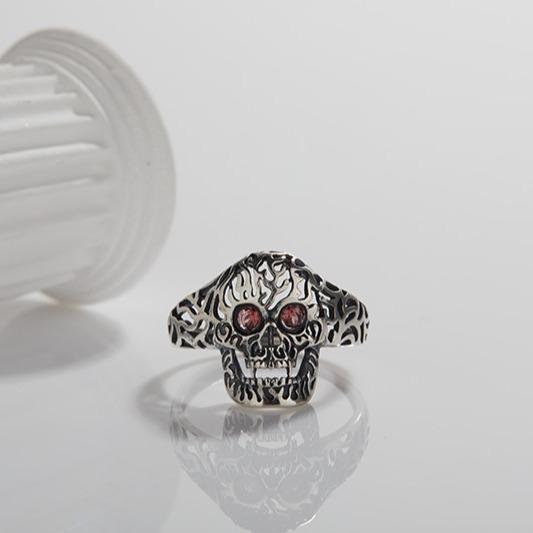Personalized Trendy Ring Fashion Open Ring S925 Silver Inlaid Natural Garnet Skull Ring Women