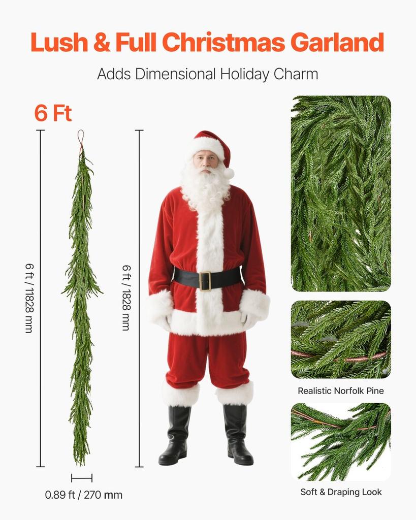 Christmas Garland, 1828 mm Realistic Norfolk Pine Garland, Evergreen Real Touch Artificial Faux Greenery Garlands, for Holiday Indoor Outdoor Xmas