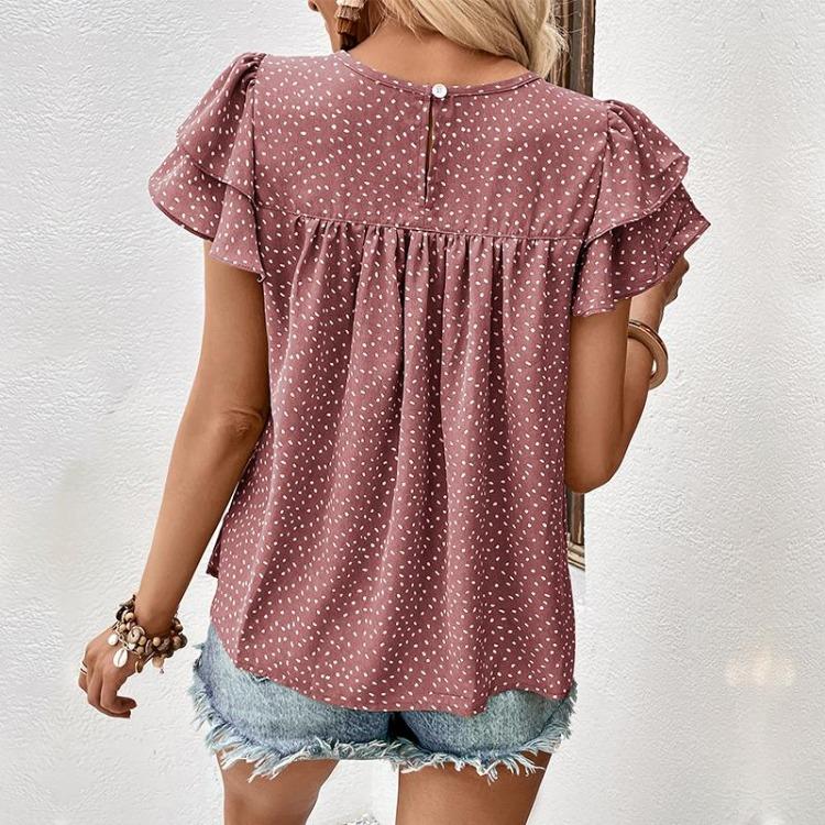 Women Summer Loose Green Blouse Ruffled Short Sleeve O Neck Tops