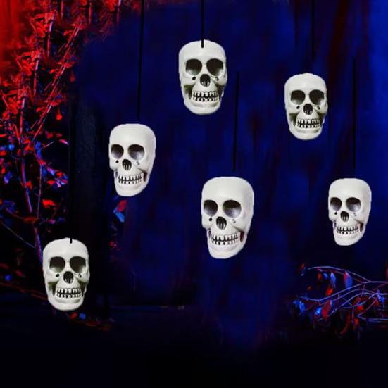 Halloween Hanging Skull Decoration Realistic Plastic Human Head Prop Spooky Skeleton Head Ornament with Lanyard for Home Party Haunted House Decor