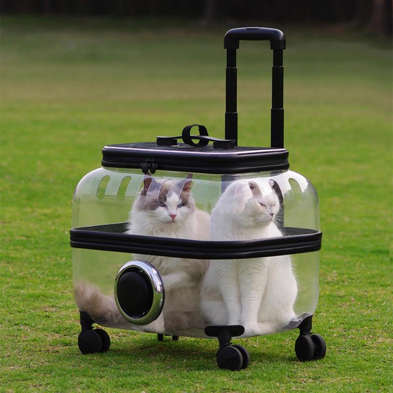 Transparent Pet Stroller Breathable Carrier Backpack Rolling Travel Case for Cats Large Space Cat Bag Foldable Dog Trolley