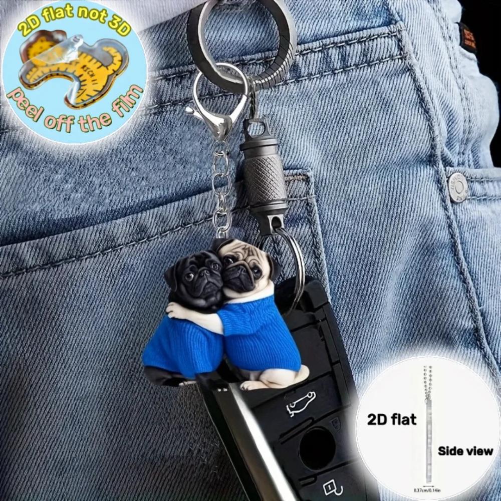 Hugging Pug Each Other Pendant Keychain,Puppy 2D Flat Acrylic Ornament Charm,Hanging Decoration for Car,Bags,Festive,Party,Gift