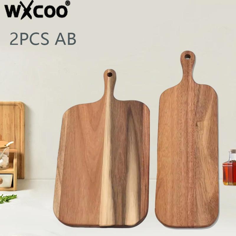 WXCOO1pc Long Handle Food Boards Kitchen Solid Wood Cutting Board Cake Dessert Tray Acacia Wood Food Boards Kitchen Supplies