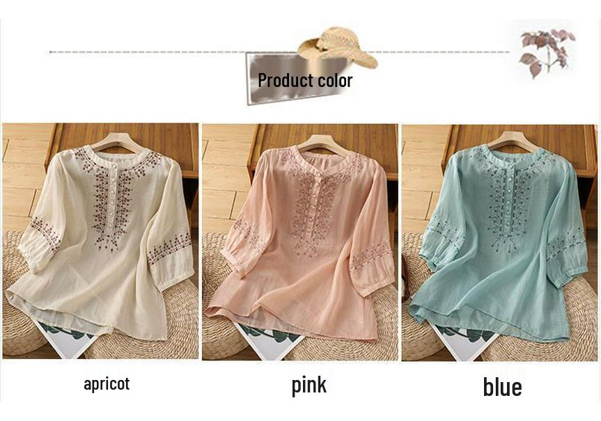 Women's Retro Cotton Five-Sleeve Ethnic Style Round Neck Top - Loose, Slimming Shirt for Spring/Summer