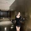 Petite Black Ruffle Round Neck Dress - Autumn Slimming Mesh Style
