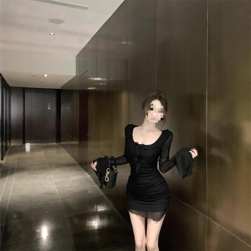 Petite Black Ruffle Round Neck Dress - Autumn Slimming Mesh Style