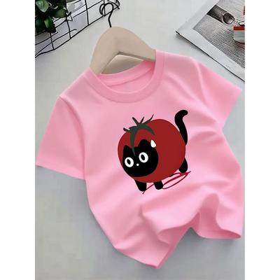 European Sizes Cute Short-Sleeved T-Shirt with a Cartoon Cat And Tomato Pattern for Kids, a Trendy New Summer Top