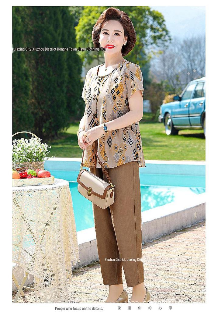 Mom's Summer Chic Two-Piece: Stylish Short-Sleeved T-shirt & Top for Elderly Women