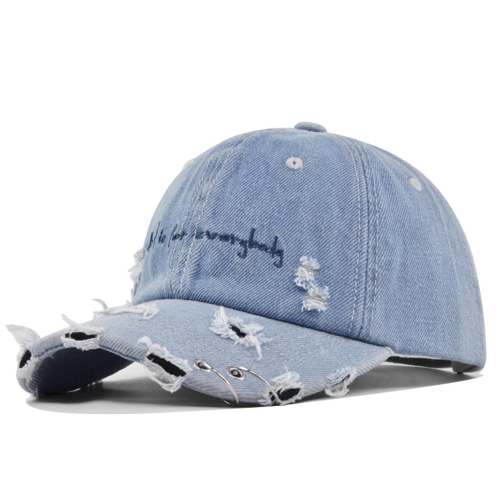 Distressed baseball cap with iron ring detail, distressed denim cap, embroidered personalized cotton hat Adjustable