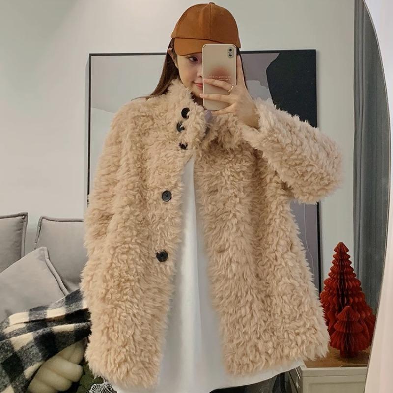 

Осень и зима Новое женское пальто из натурального меха с воротником-стойкой L коричневый