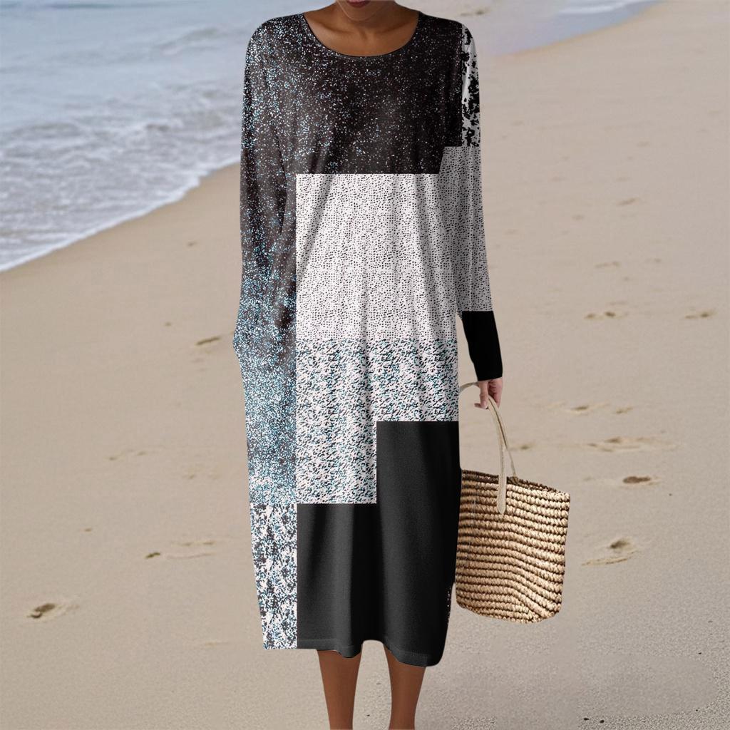 Women's Fashion Casual Retro Print Round Neck Pocket Elegant Temperament Dress