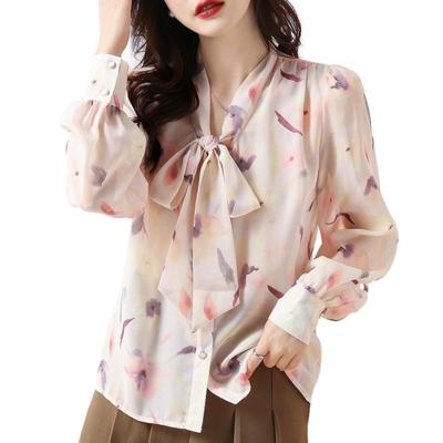 J-Scott Watercolor Floral Bowtie Blouse, Chiffon, Puff Sleeves, Stylish Buttons, Long Sleeves, Women's, White, JS77-WH-L (Limited Stock)