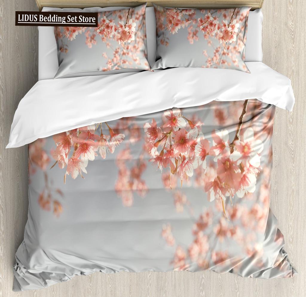 Japanese Duvet Cover Set,Branch Of A Flourishing Sakura Tree Flower Cherry Blossoms Spring Theme Art Japan Bedding Set Full Size