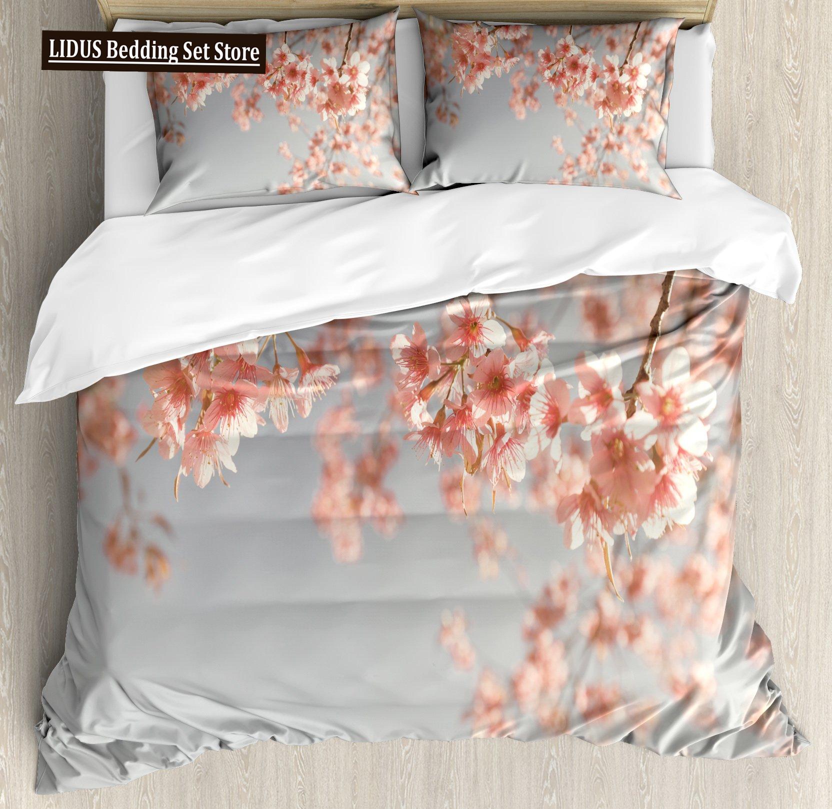 Japanse Dekbedovertrek Set, Tak van een Bloeiende Sakura Boom Bloem Kersenbloesems Lente Thema Kunst Japan Beddengoed Set Volledige Maat EU single(135x200cm)