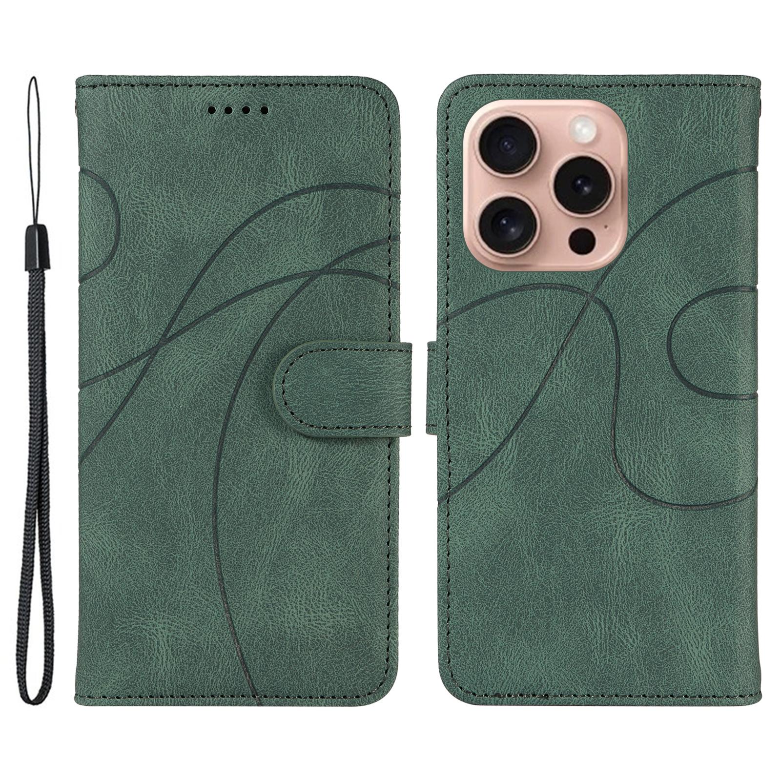 

For iPhone 16 Pro Case Curved Line Imprint PU Leather Flip Phone Cover Green