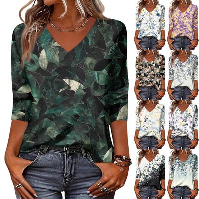 Tops Femininos Camisa de Manga Três Quartos Decote V Camisa Casual Solta Estampa Camiseta