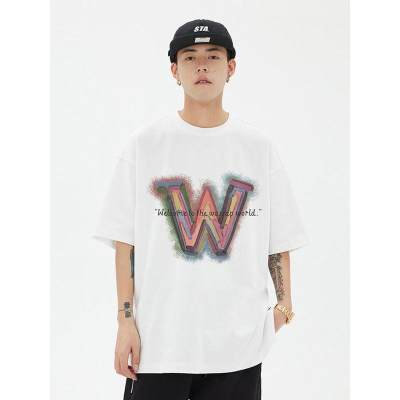 Wassup Retro Inkjet Letter T-Shirt Short-Sleeved Men's Summer Loose Casual Heavyweight Pure Cotton Couple's Round Neck Top