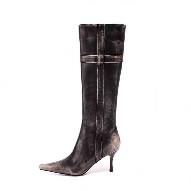 Cowhide retro polished high knight boots summer new thin long fashion boots thin heel pointed boots women