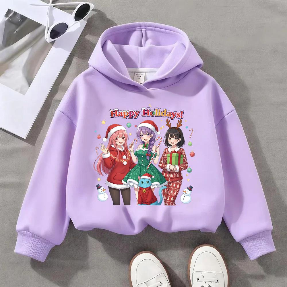 Festive Christmas Kids Hoodie with Adorable Anime Girls and Cute Cat Design for Season's Greetings