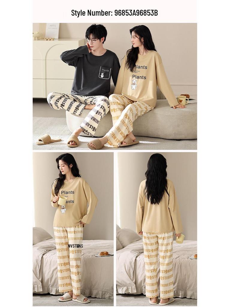 Autumn Style Cute Cartoon Couples' Pajamas - Pure Cotton Long Sleeve Set for Men and Women, Spring/Autumn 2026