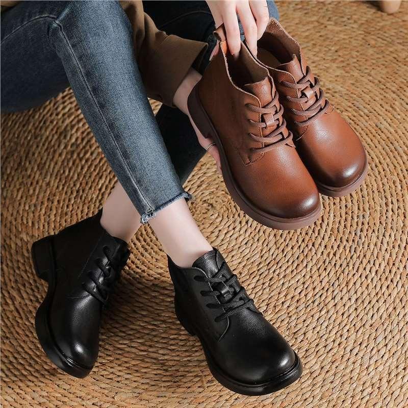 First Layer Cowhide Spring and Autumn Single Boots Retro British Style Martin Boots Versatile Round Head Leather Lace-up Thick Heel Short Boots Women