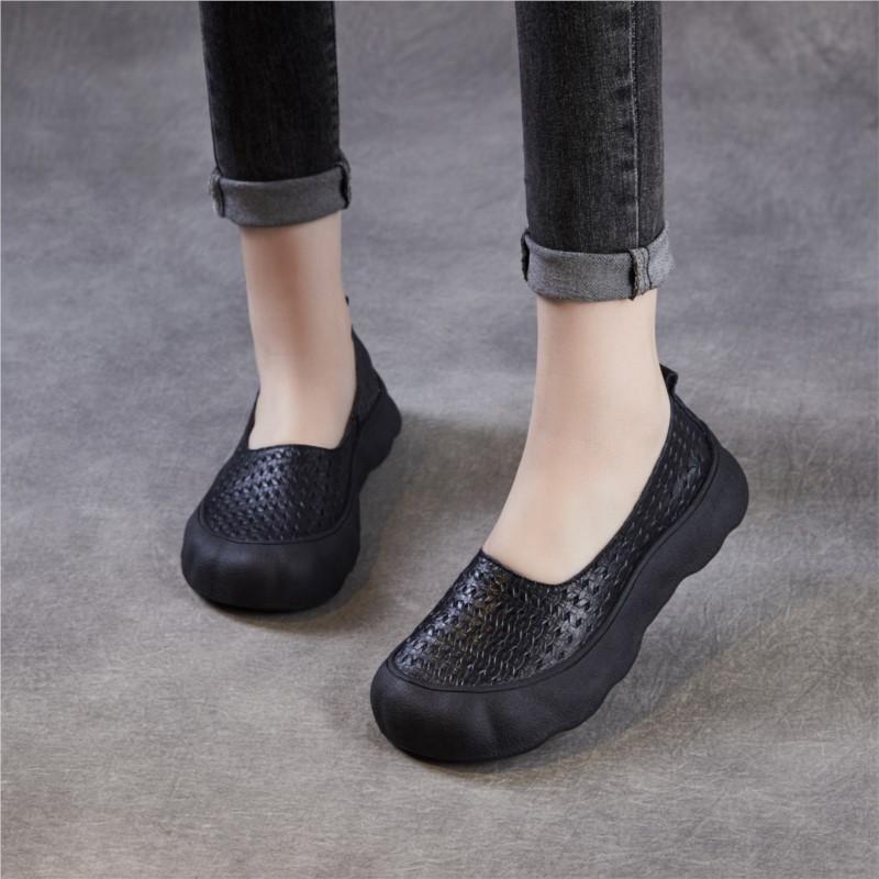 Johnature Genuine Leather Woven Retro Soft Soled Loafers Comfortable Shallow Women's Slip-on Shoes