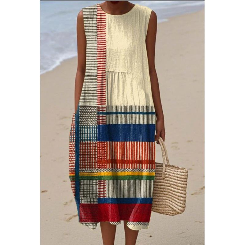 Summer new sleeveless pocket casual printing temperament long dress dress slim dress