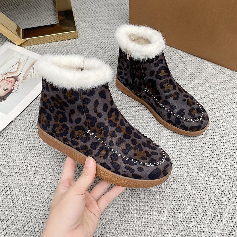 Mao Mao Schneestiefel Damen Übergröße Winter Neu Vielseitig Leopardenmuster Dicke Sohle Aufgeplüschte Verdickte Warme Baumwollstiefel