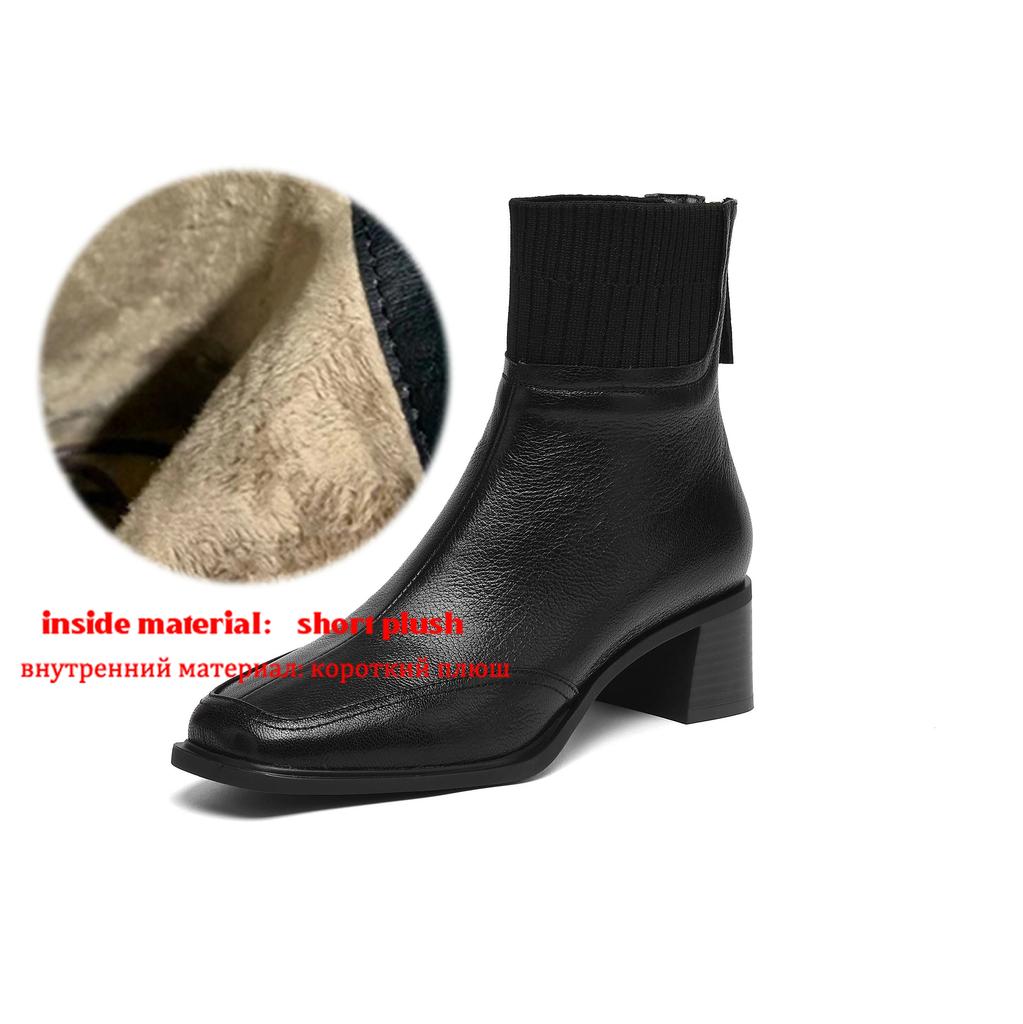 Krazing Pot Sheepskin Autumn Winter Shoes Thick Heels Size 42 Square Toe Zipper Knitwear Vintage Ankle Boots
