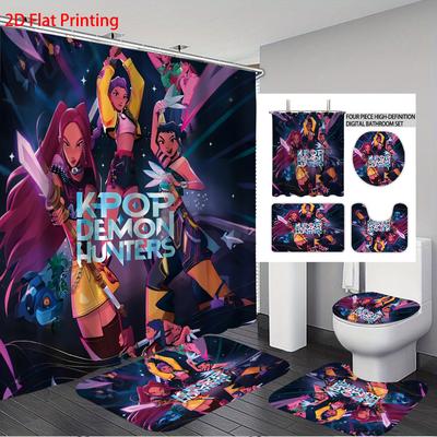 4 Stück K-Pop Dämonenjäger Druck Badezimmer-Set Toilettendeckelauflage 1 Stück Sichtschutz Wasserdichter Duschvorhang mit 12 Haken Dekoration