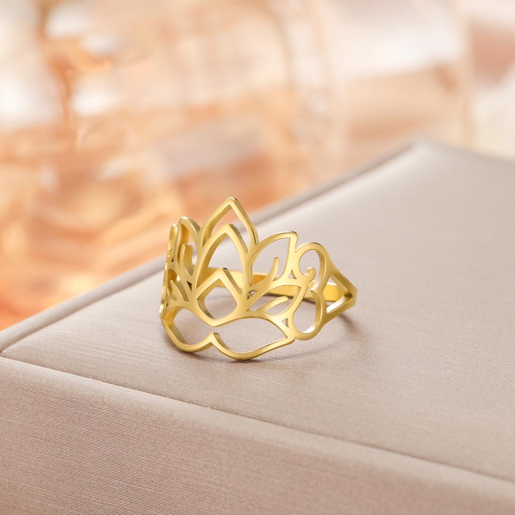 COOLTIME Women Lotus Ring Stainless Steel Buddhism Yoga Lucky Finger Ring Amulet Jewelry Gift