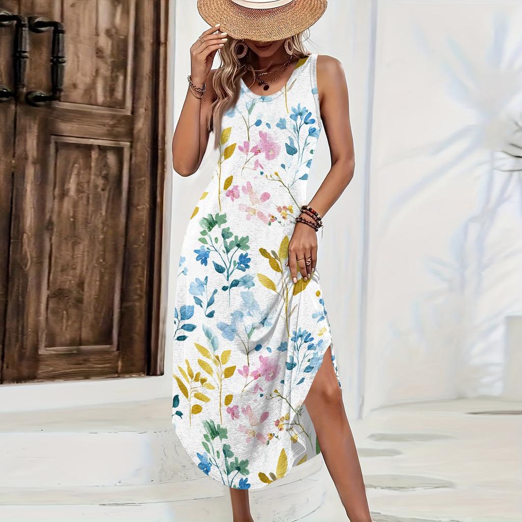 Women Sleeveless Floral Print Casual Loose Fit Long Dress Round Neck Side Slit Summer Maxi Dress for Daily Wear