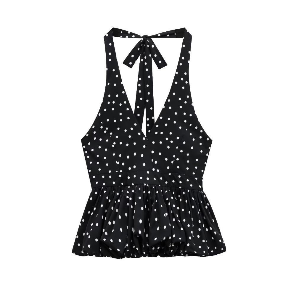Y2k Halter Ruffle Vest Top Polka Dot Women Camisole Comfortable Sleeveless Crop Top Female