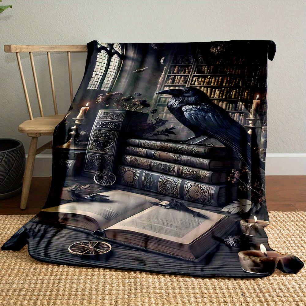 [Cozy Medieval Print Throw] Soft Flannel Medieval Black Crow & Magic Books Print Throw Blanket - All-Season Comfort for Couch