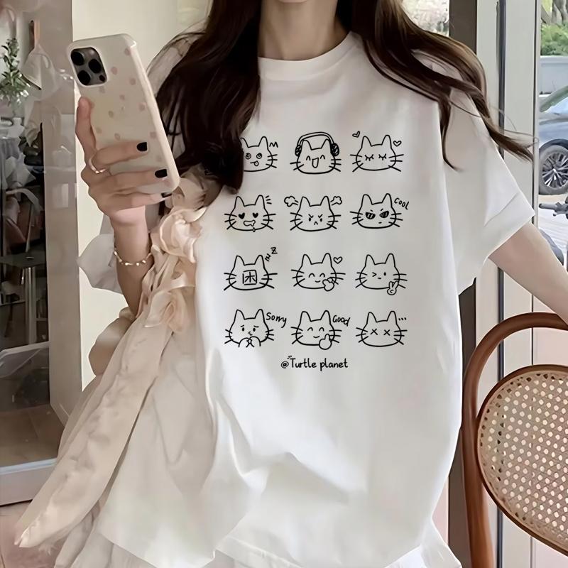 Cute Cat Print Casual Tee Shirt Cotton Harajuku Trend Girls Short Sleeve Tshirt Girls Breathable ONeck Tops Girl Clothing