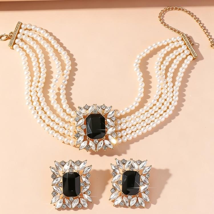 Chic Geometric Design Colorful Crystal Accented Layering Pearls Necklace And Earrings Jewelry Set for Gatherings