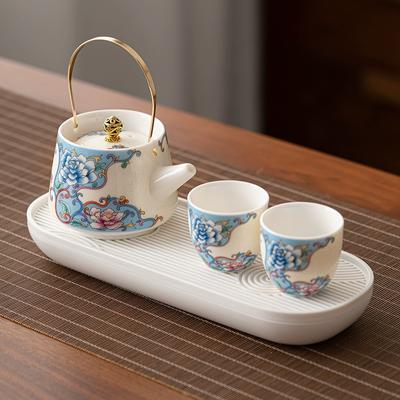 Enamel Filigree Teapot Teacup Set, Household Water Kettle Tea Set 1x Teapot(250ml) 2 Cup(70ml) Tea Tray Small Ceramic Tea Sets for Home and Restaurant